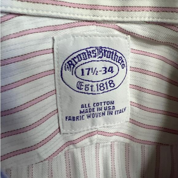 Brooks Brothers Mens Striped Button-Down Shirt Long Sleeve Pink White Size 17.5 - Picture 5 of 5